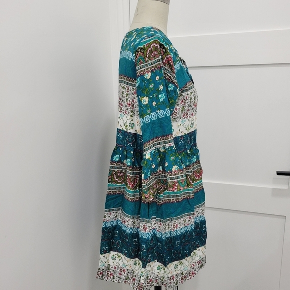 Mokingtop Women's Bohemian Floral  V-neck tied up 3/4 Bell Sleeve Dress M - Picture 3 of 11